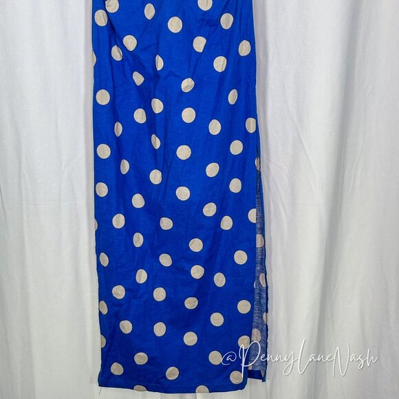 Zara Linen Blend Polka Dot Ruched Midi Dress Blue/Tan - Picture 9 of 13